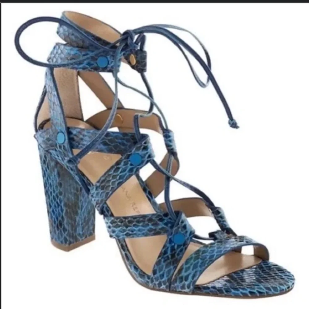 Banana Republic faux blue black snakeskin high heel lace up gladiator sandals 7M
